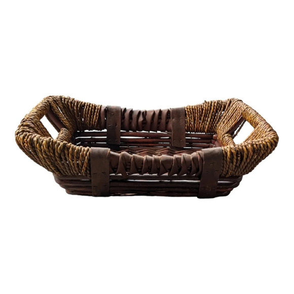 Wooden  Wicker Straw Wrapped Rectangular Basket - Picture 4 of 8